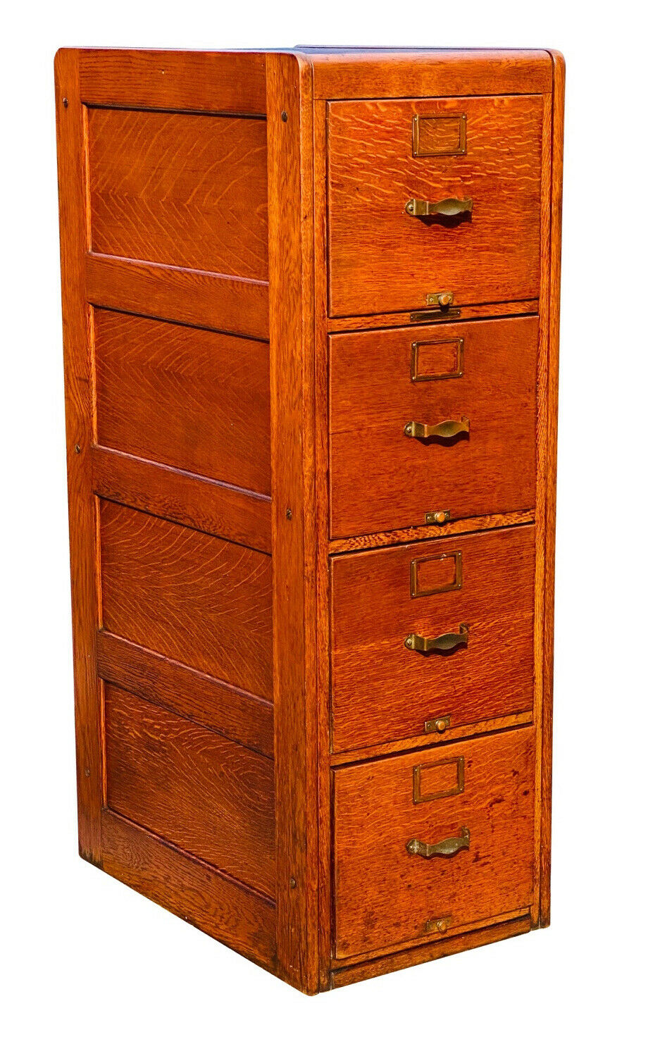 20TH C ANTIQUE ARTS & CRAFTS LIBRARY BUREAU 4 DRAWER TIGER OAK FILE CABINET