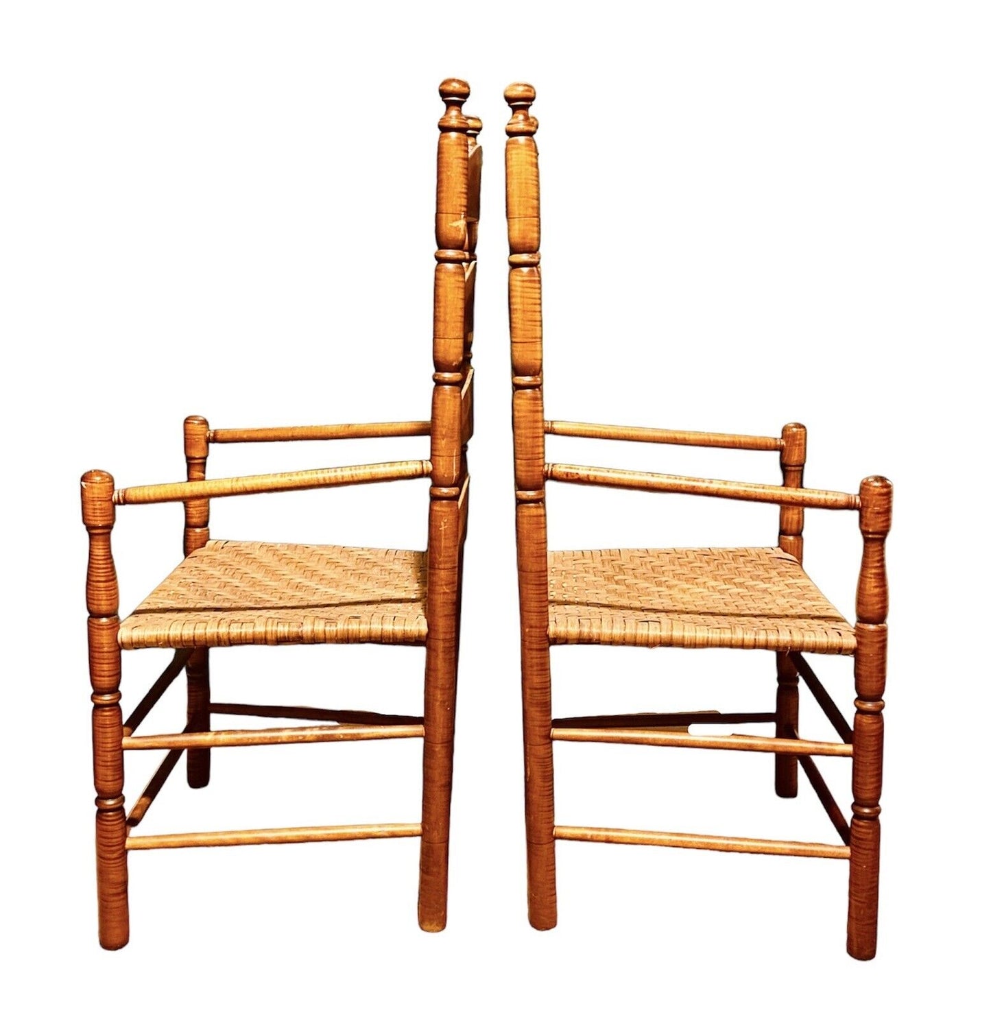Vintage Pair of William & Mary Style Tiger Maple Ladder Back Armchairs