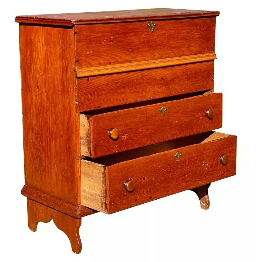 18th C Antique Queen Anne Country Primitive Blanket Box / Chest W Boot Jack Ends