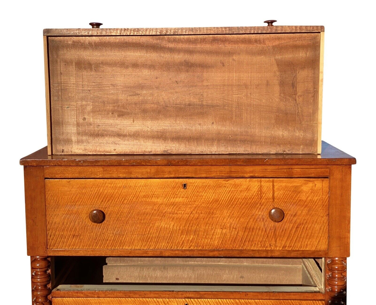 19th C Antique Sheraton Cherry & Tiger Maple Chest of Drawers / Dresser