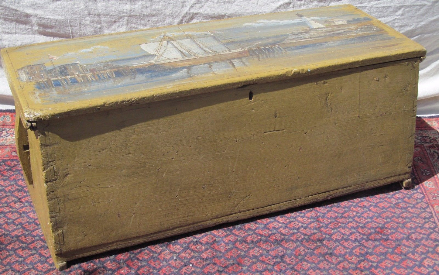 18TH CENTURY CANTED SEA CHEST WITH 1944 ARTIST PAINTED HARBOR & LIGHTHOUSE