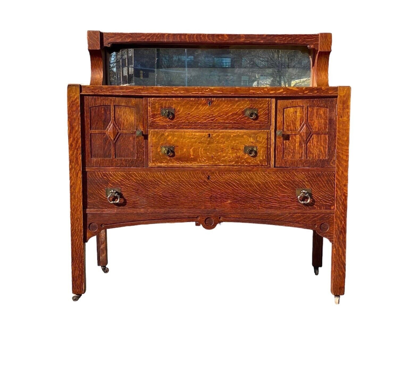 Antique Arts & Crafts Mission Oak Sideboard Buffet With Mirrored Gallery