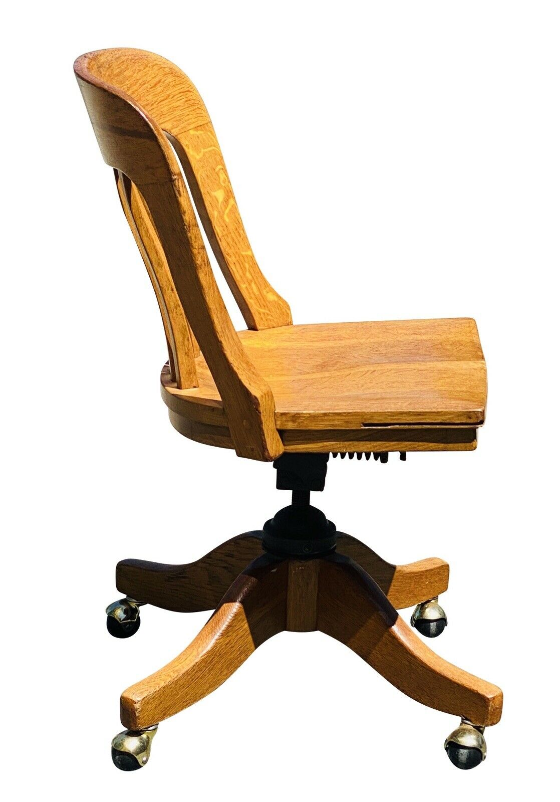 19TH C ANTIQUE VICTORIAN TIGER OAK SWIVEL OFFICE DESK CHAIR