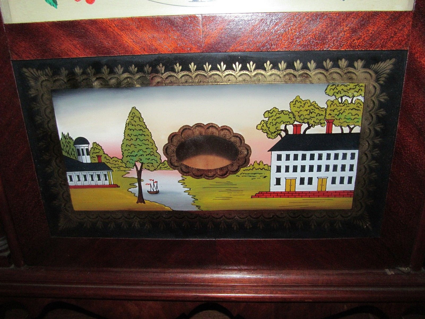 FEDERAL STYLED MAHOGANY REVERSE PAINTED SHELF CLOCK