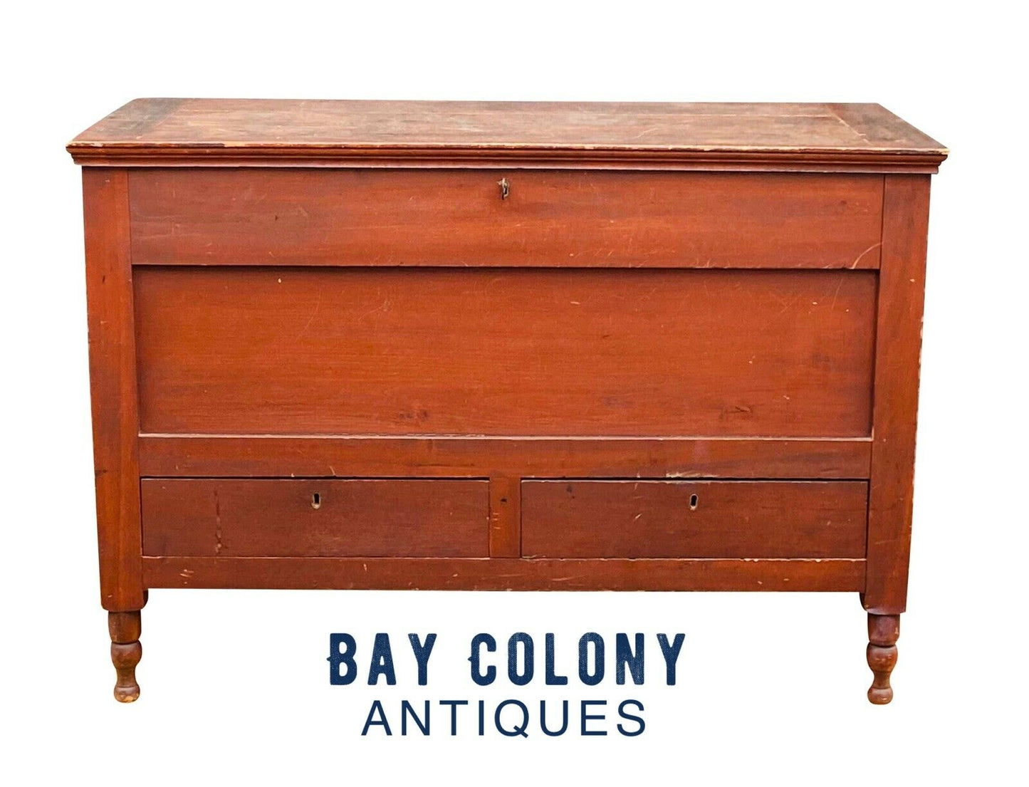 19th C Antique Federal Period Red Wash Blanket Box With 2 Drawers