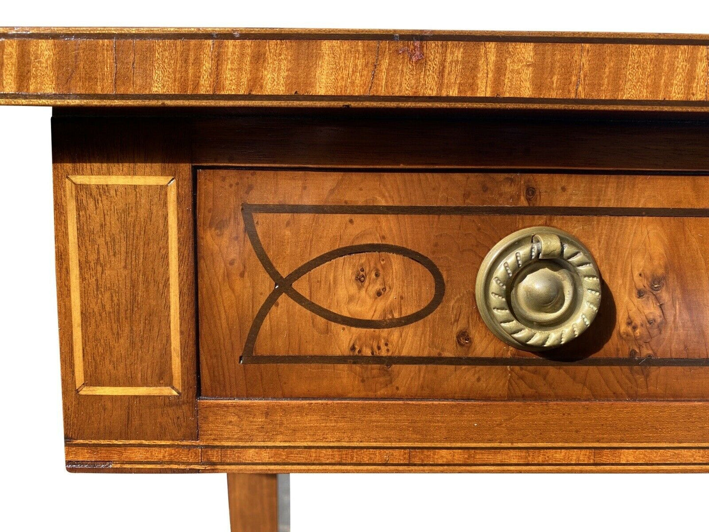 20TH C REGENCY ANTIQUE STYLE ELM & SATINWOOD DROP LEAF SOFA TABLE / DESK