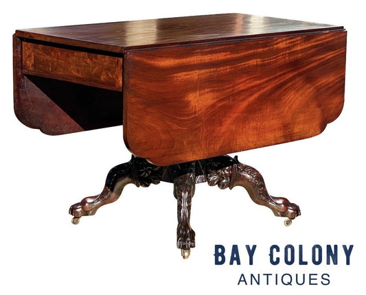 19th C Antique New York Heavily Carved Classical Mahogany Drop Leaf Dining Table