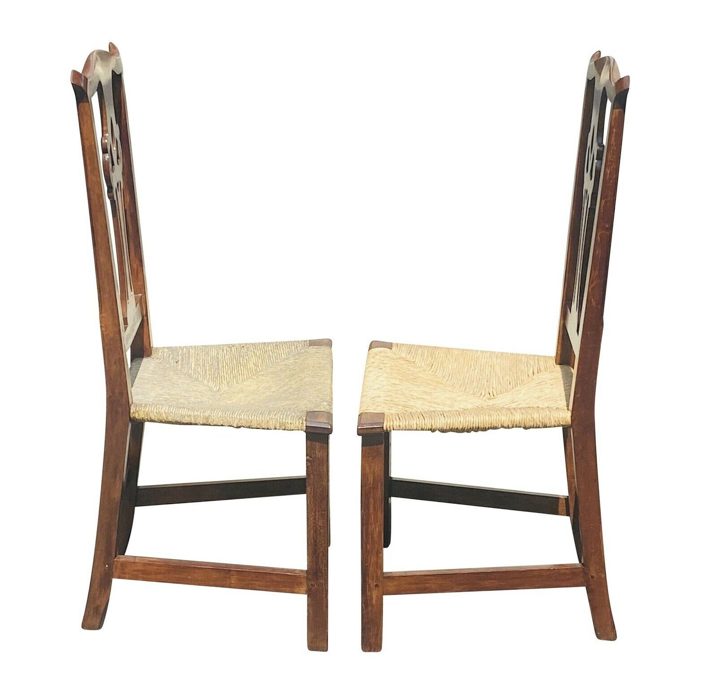 18th C Antique Pair Of Chippendale Side Chairs With Rush Seat & Heart Carving