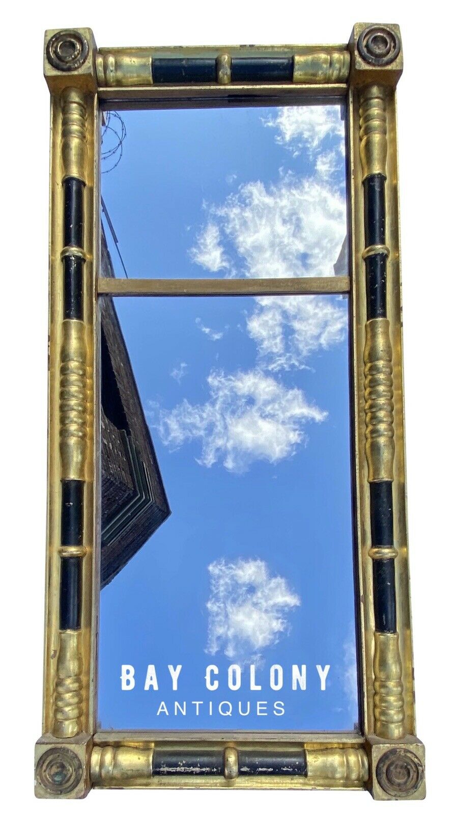 19TH C ANTIQUE SHERATON GOLD & BLACK 2 PANEL MIRROR