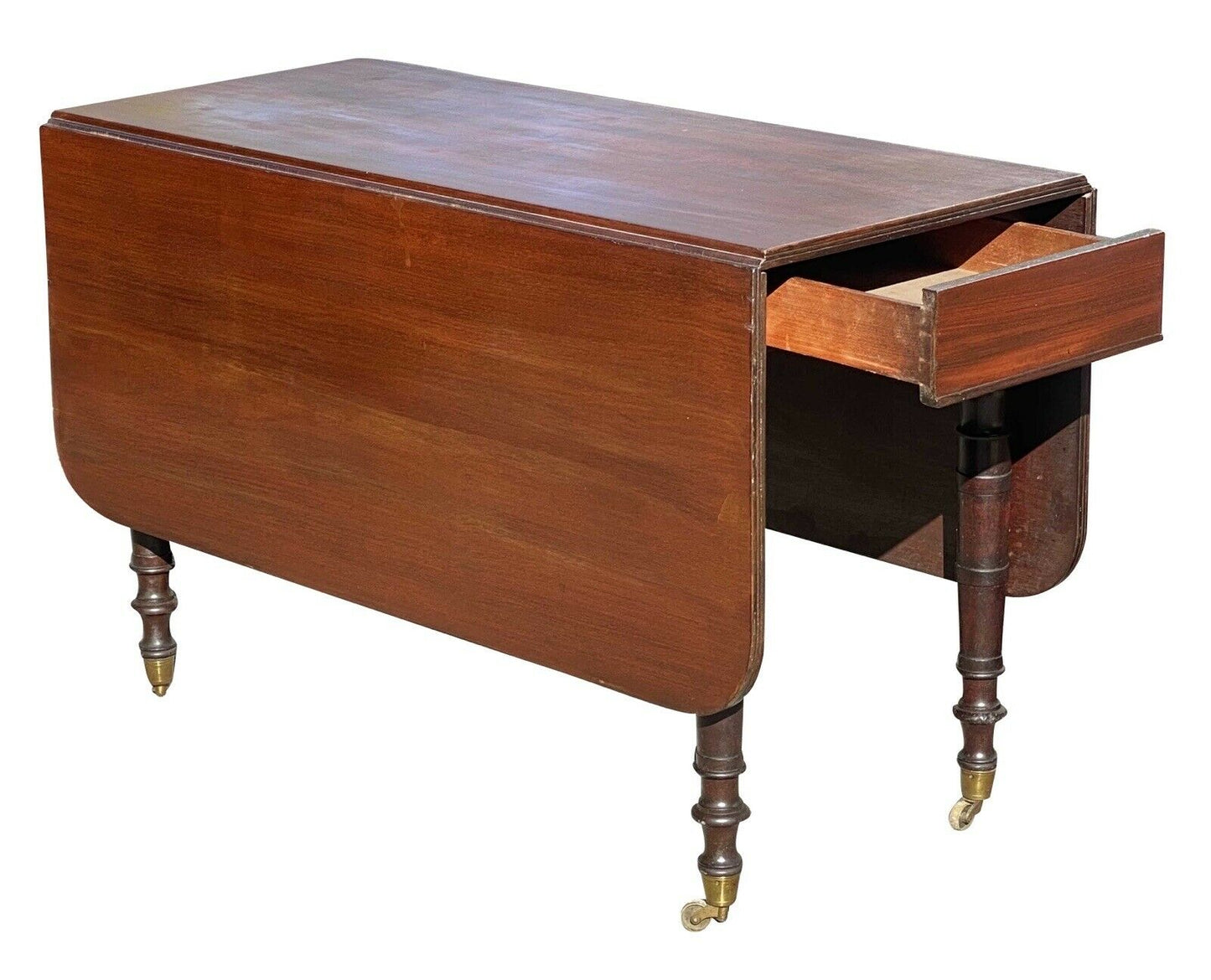 19th C Antique Sheraton Boston Mahogany Drop Leaf Dining Table