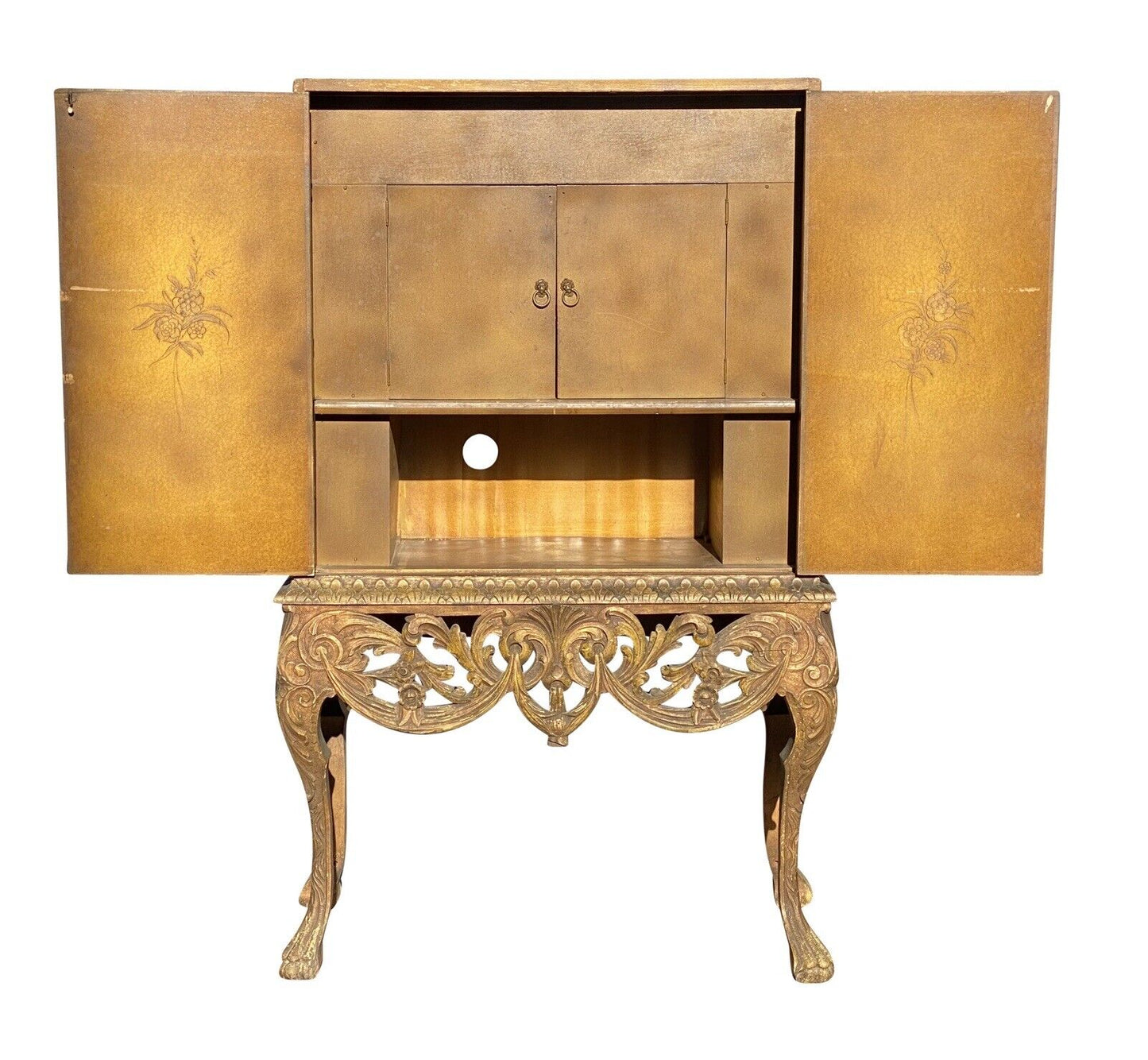 20th C Antique Chinoiserie Carved Liquor Cabinet / Cupboard
