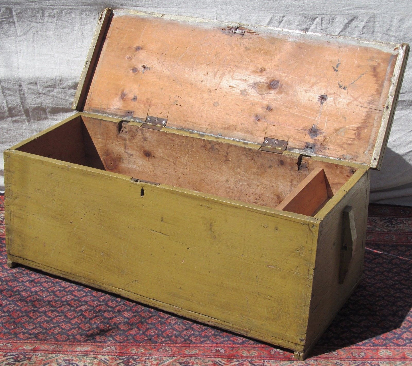 18TH CENTURY CANTED SEA CHEST WITH 1944 ARTIST PAINTED HARBOR & LIGHTHOUSE