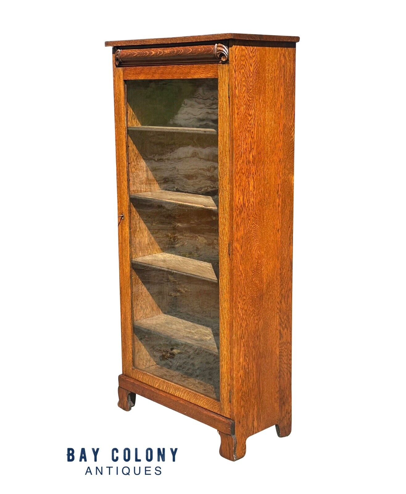 Antique Victorian Oak Carved Single Door Bookcase Cabinet With Adjusting Shelves