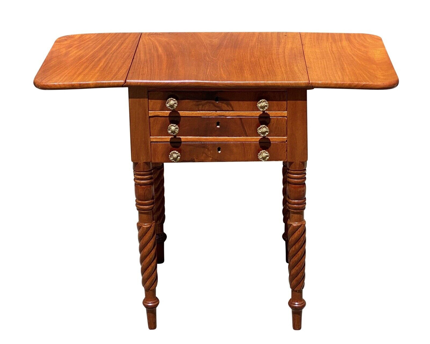 19th C Antique Mahogany 3 Drawer Worktable / Nightstand with Rope Carved Legs
