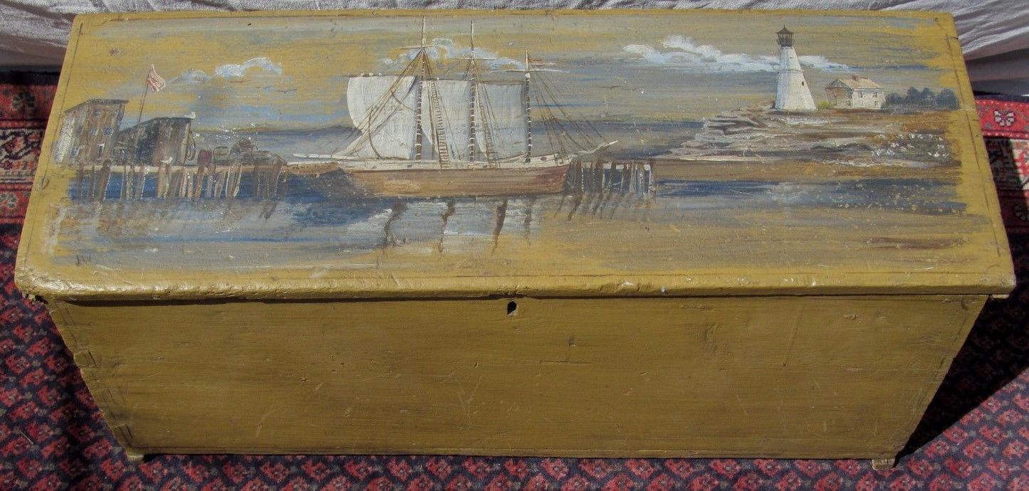 18TH CENTURY CANTED SEA CHEST WITH 1944 ARTIST PAINTED HARBOR & LIGHTHOUSE