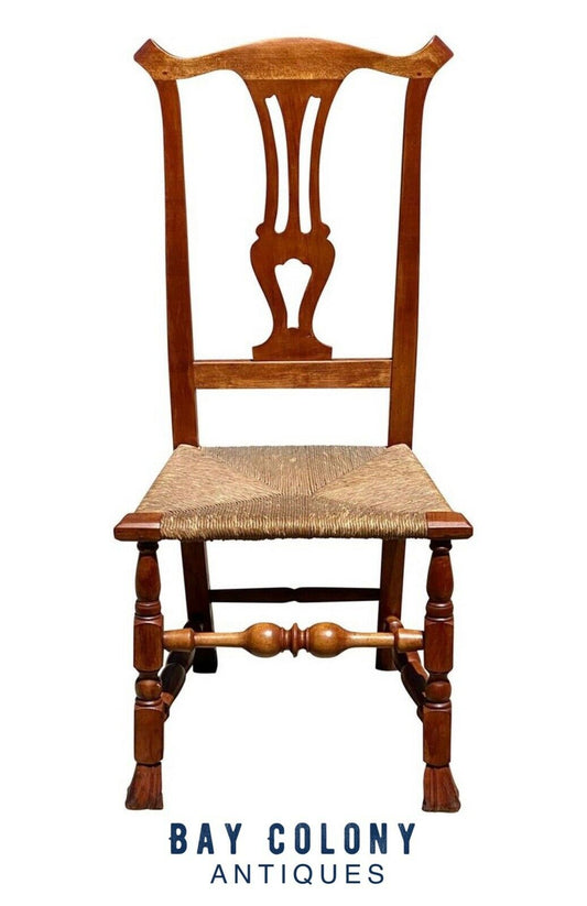 18TH C ANTIQUE CHIPPENDALE MAPLE SIDE CHAIR W/ SPANISH FEET & RUSH SEAT