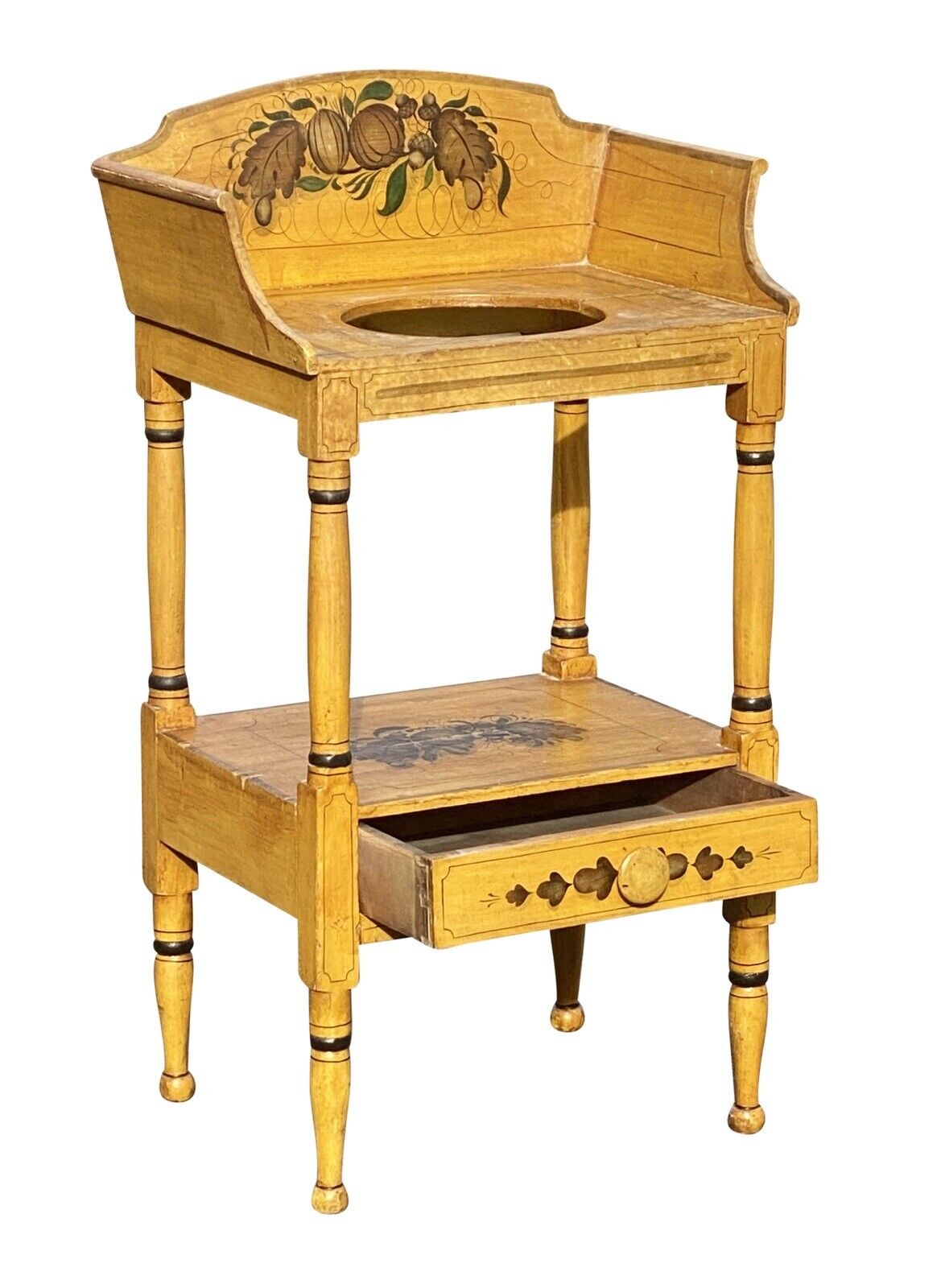 19th C Antique Sheraton Yellow Fancy Paint Washstand With Drawer