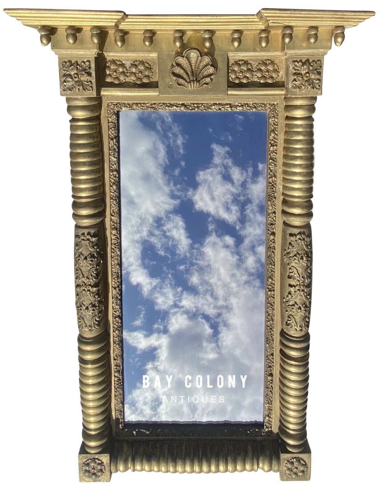 19TH C ANTIQUE FEDERAL PERIOD GOLD GILT SHELL CARVED MIRROR WITH ACORN FINIALSS