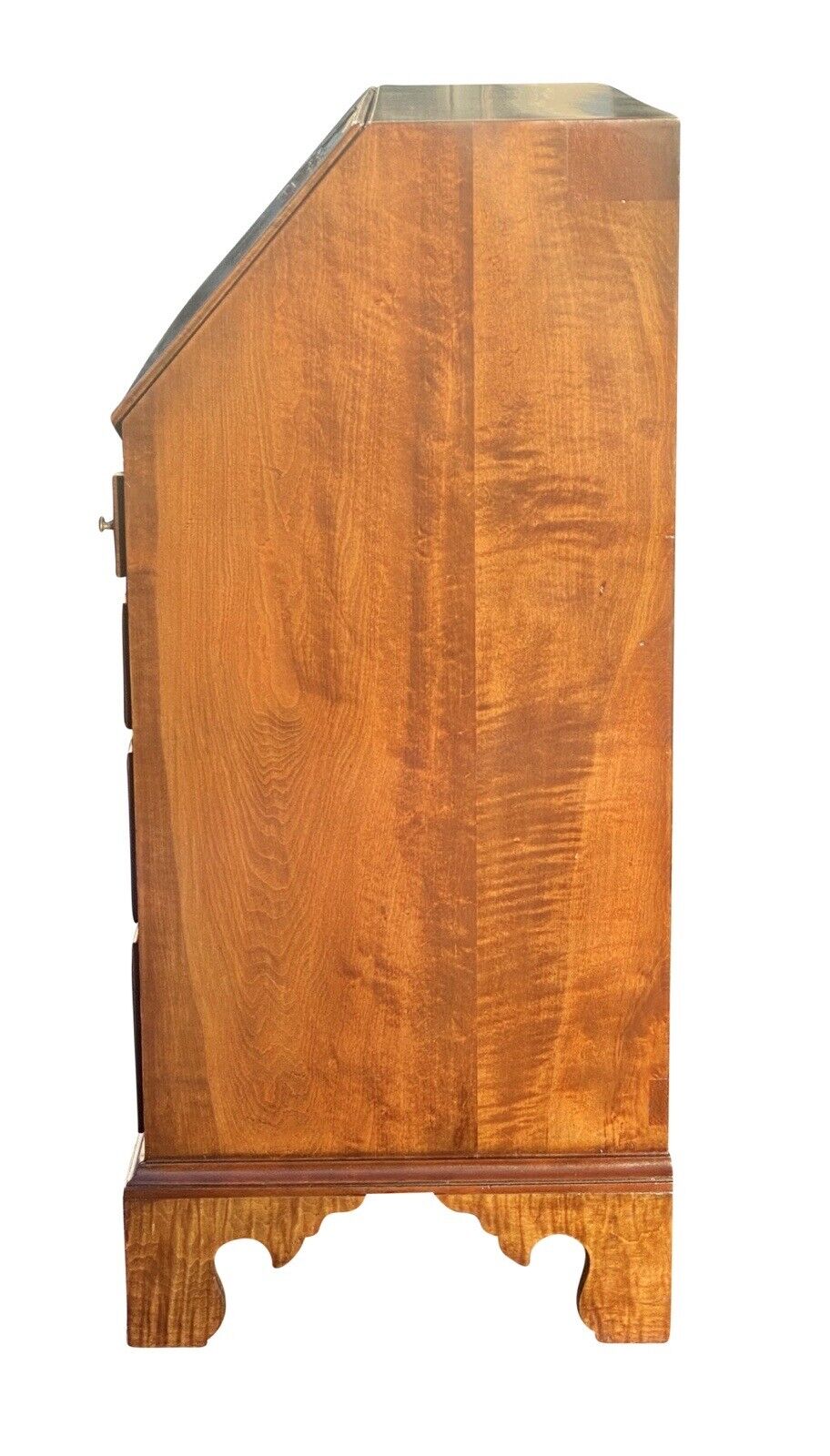 20th C Chippendale Antique Style Tiger Maple Slant Lid Desk With Hidden Drawer