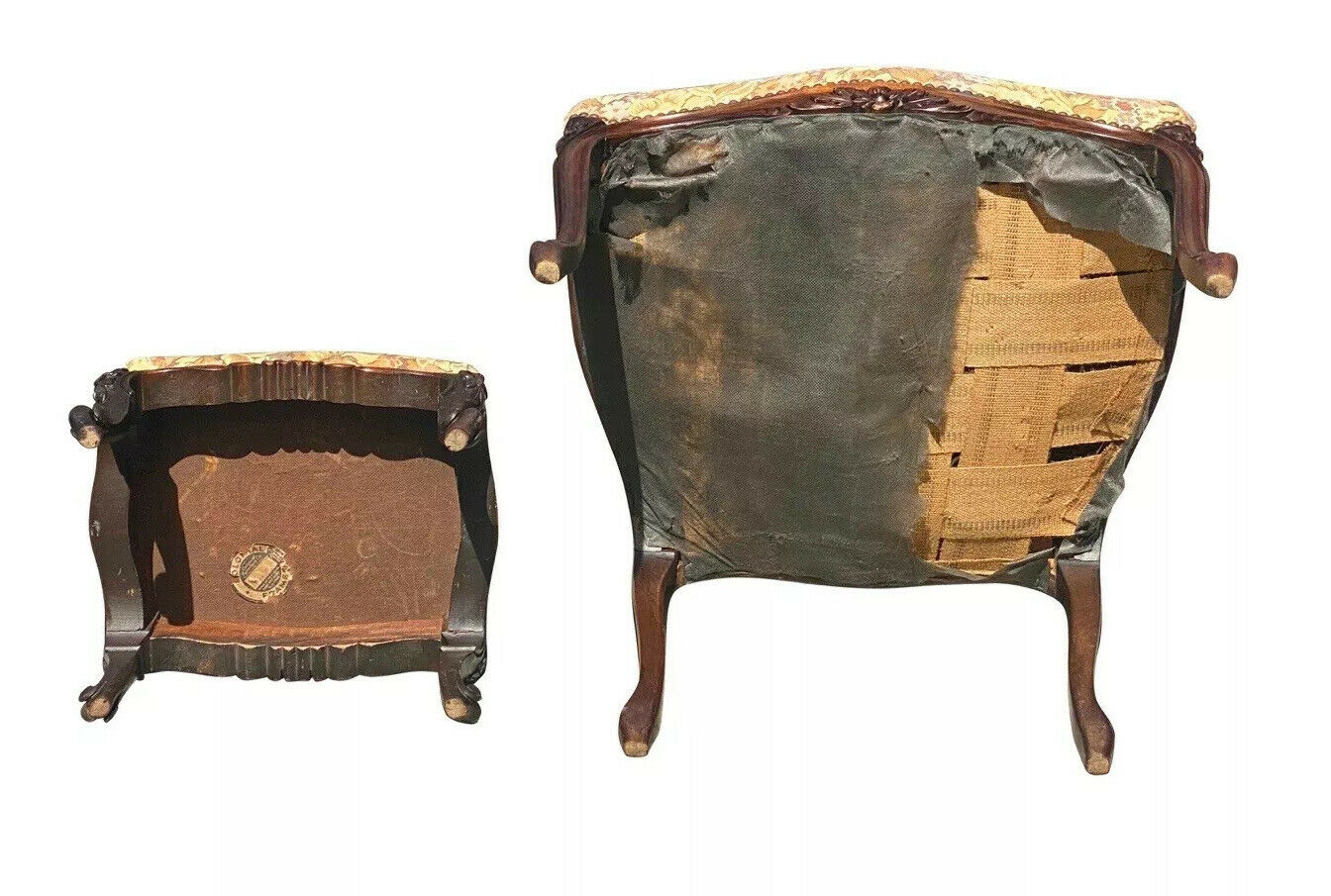 19TH C ANTIQUE WALNUT FRENCH PROVINCAL ARM CHAIR & FOOTSTOOL WITH FLORAL FABRIC