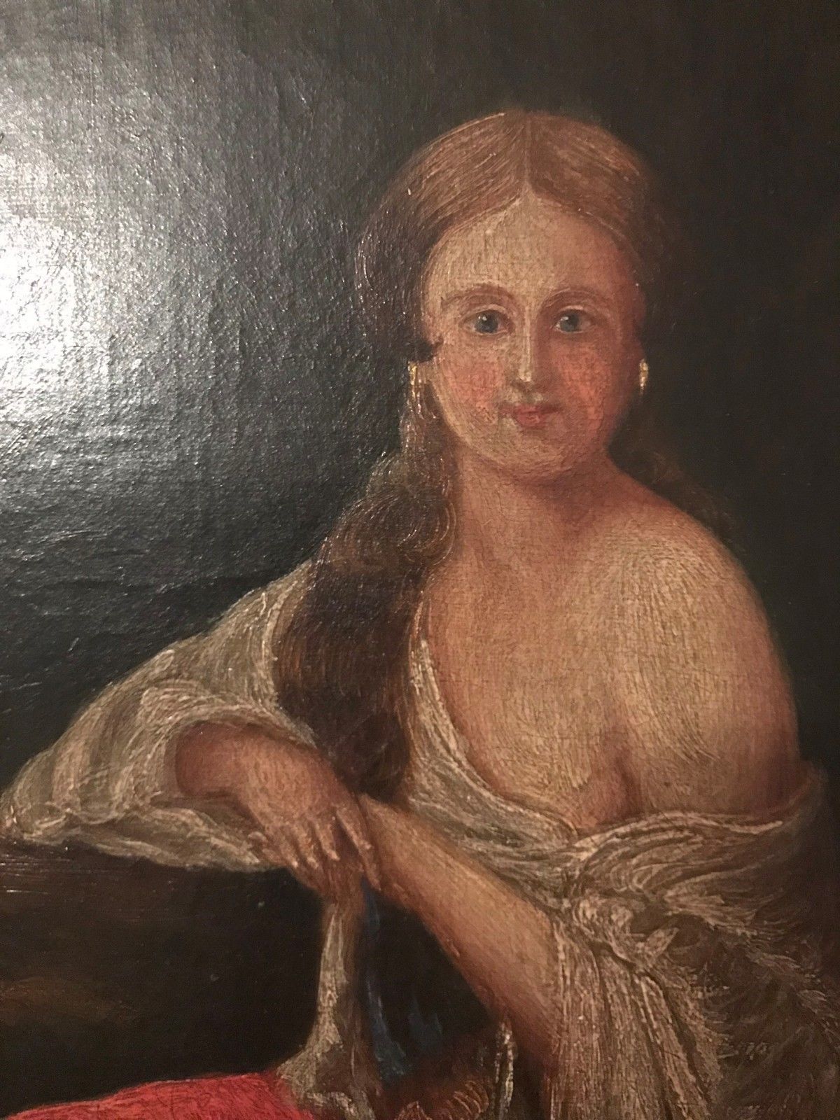 19TH CENTURY HUDSON RIVER VALLEY OIL ON CANVAS OF SEMI CLAD WOMAN IN MOONLIGHT
