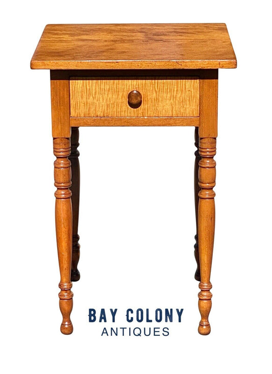 19th C Antique Sheraton Cherry & Tiger Maple Worktable / Nightstand