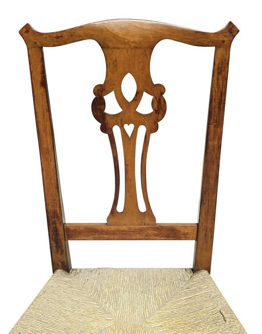 18th C Antique Pair Of Chippendale Side Chairs With Rush Seat & Heart Carving