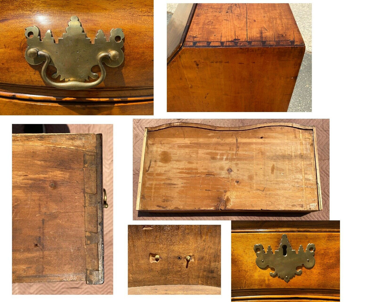 18TH C ANTIQUE CHIPPENDALE TIGER MAPLE MASSACHUSETTS OXBOW SLANT LID DESK