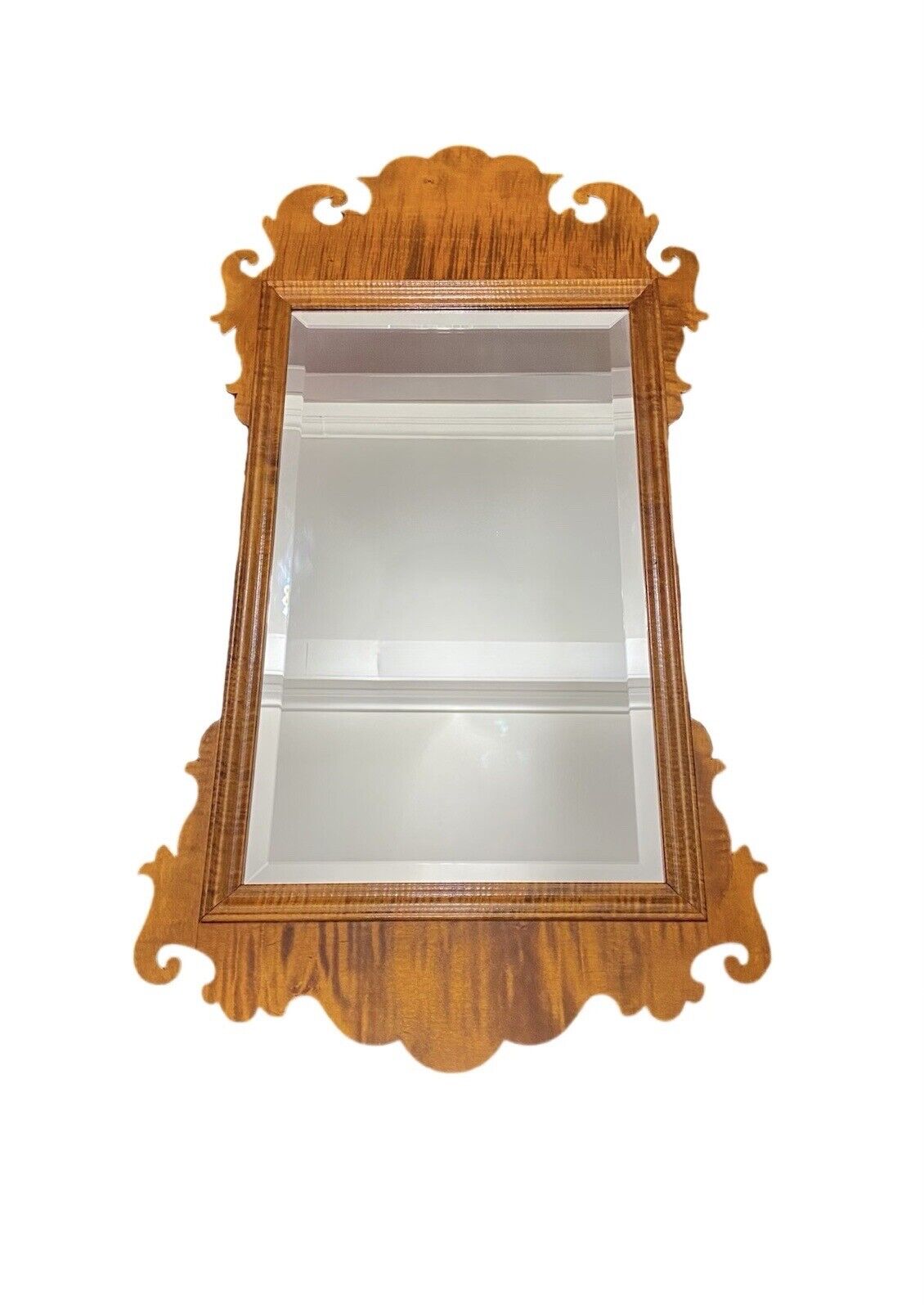 Chippendale Style Tiger Maple Mirror with Beveled Glass