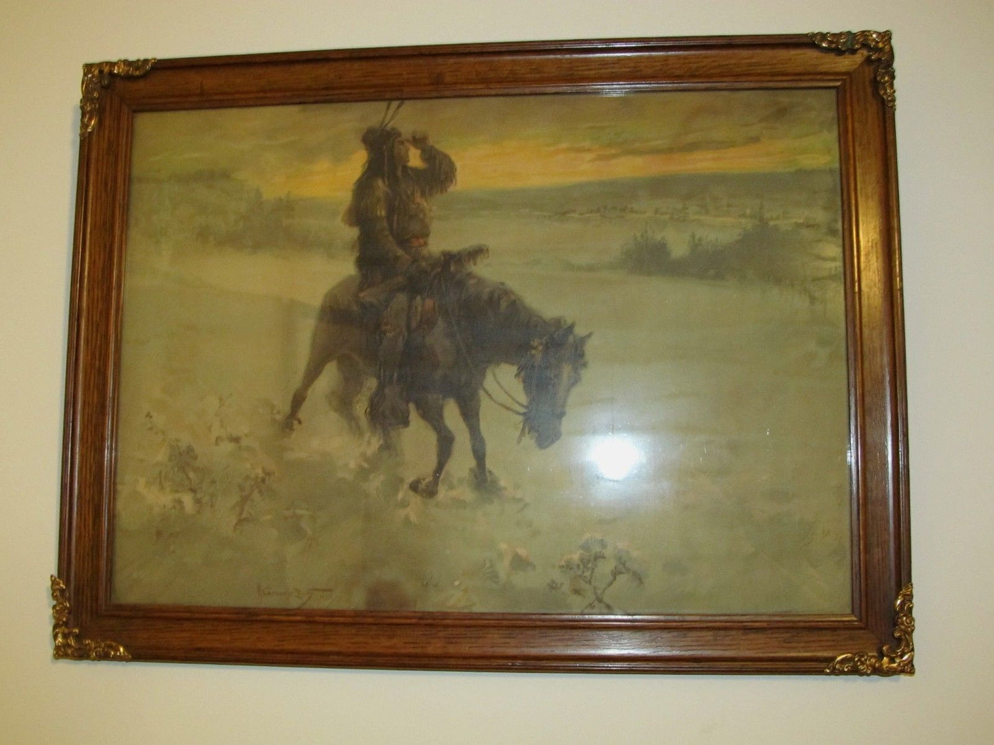 WALTER GRANVILLE SMITH'S LONE MOUNTED WARRIOR IN OAK WITH BRASS MOUNTED FRAME