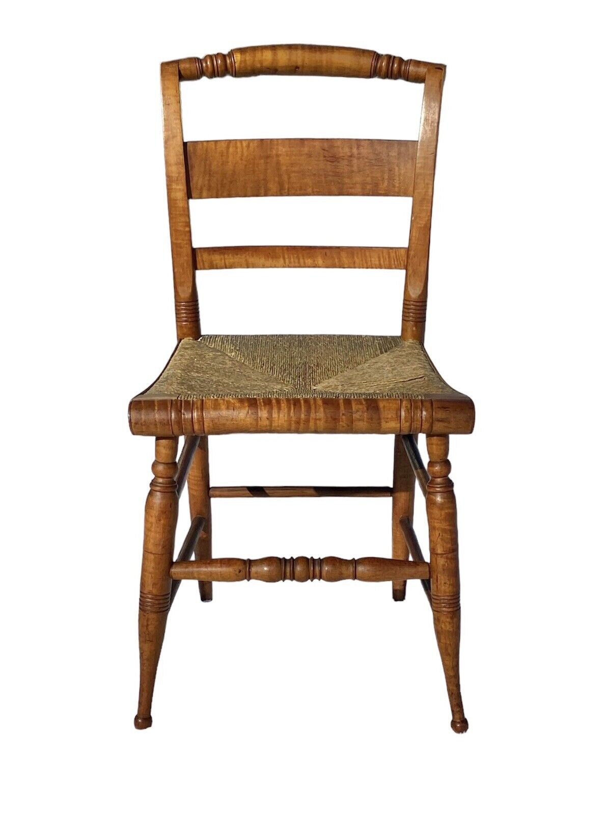 Antique Pair of Tiger Maple Side Chairs with Rush Seats