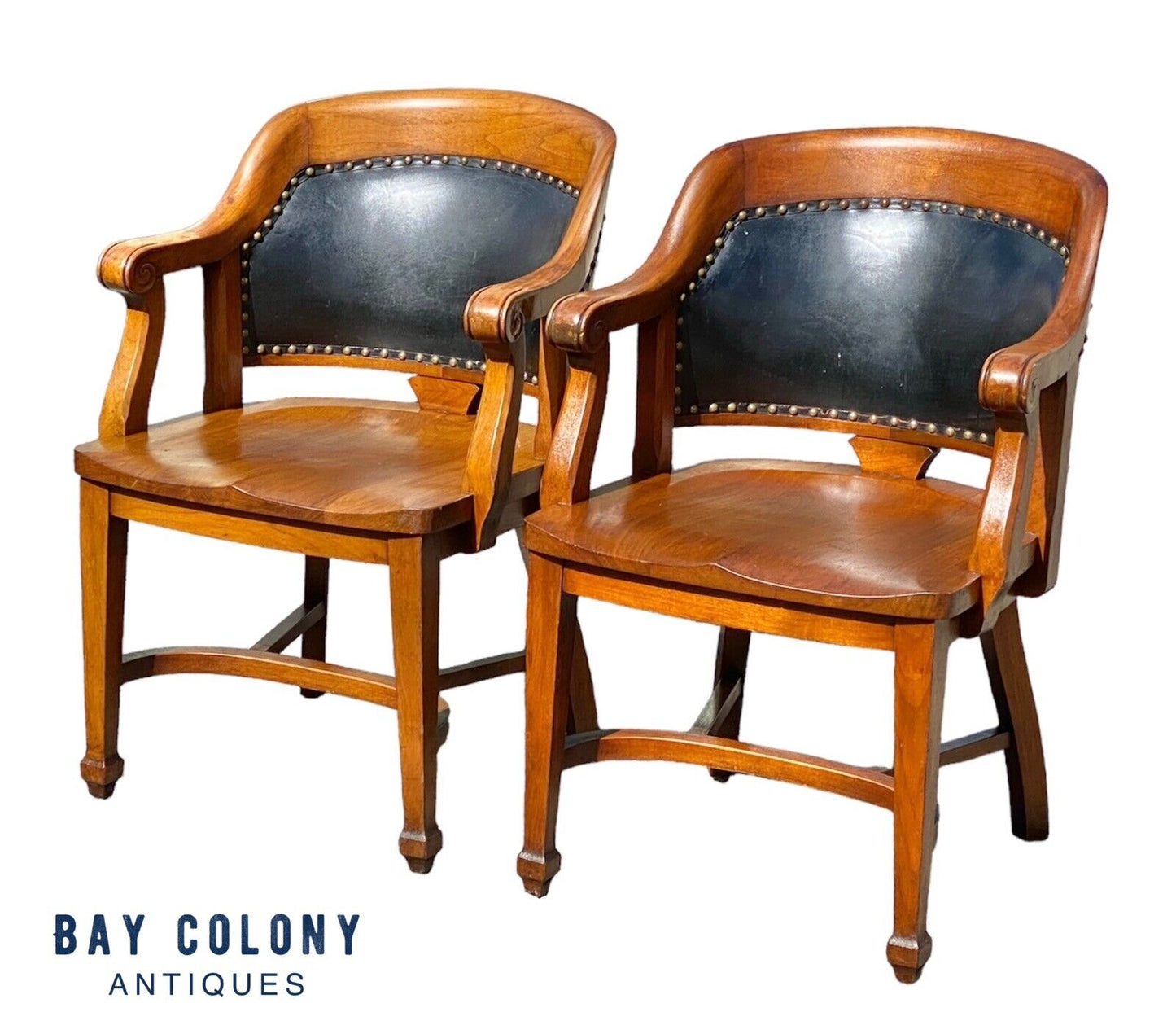 Antique Pair Of Walnut Armchairs with Leather Backs - Milwaukee Chair Company