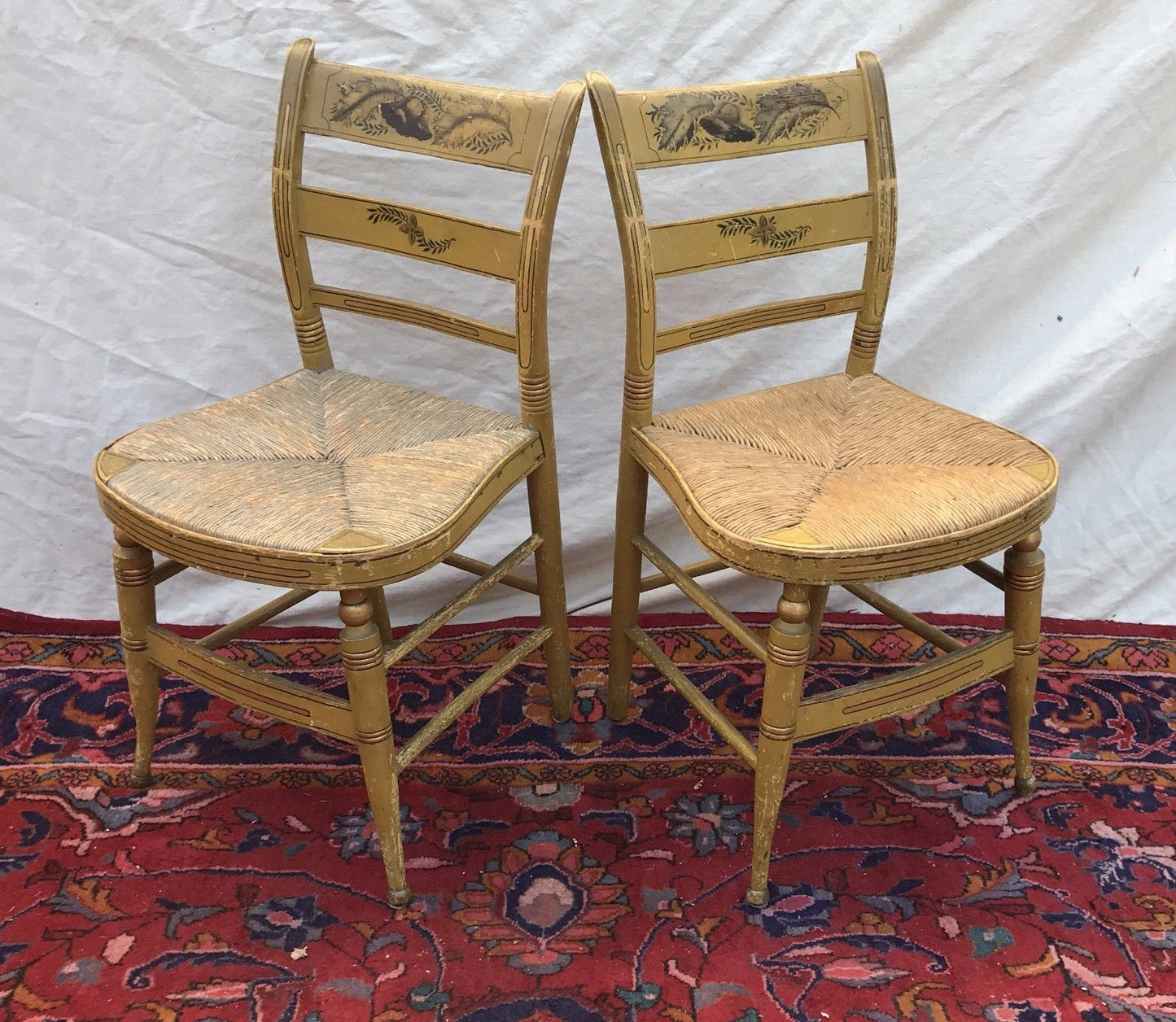 SET OF SIX ANTIQUE SHERATON FANCY CHAIRS IN OLD MUSTARD PAINT
