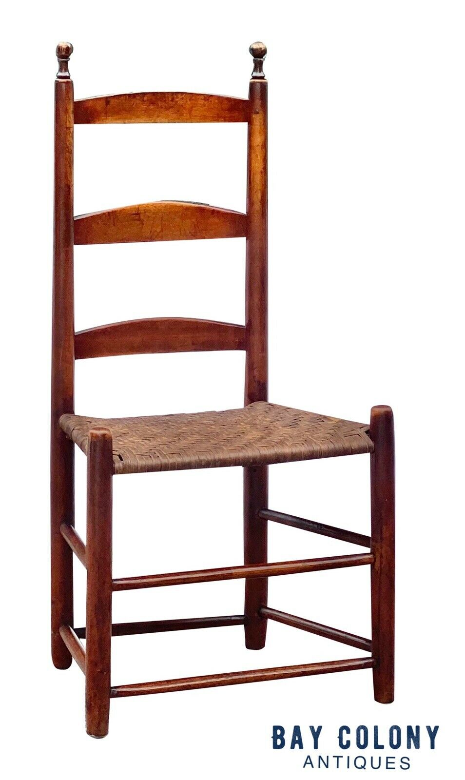 18th C Antique Queen Anne Country Primitive Ladder Back Chair W/ Splint Seat