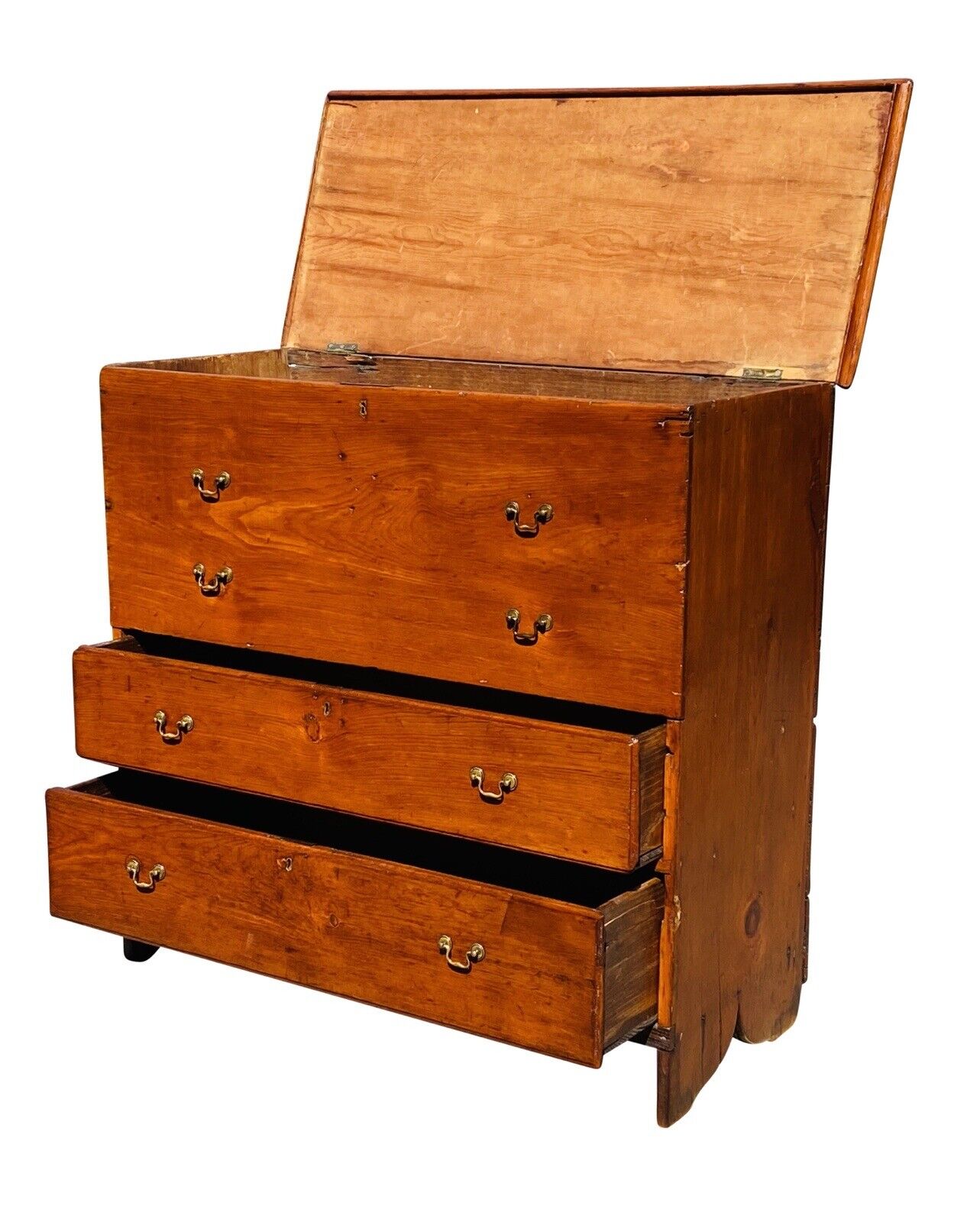 18TH C ANTIQUE NEW ENGLAND QUEEN ANNE PUMPKIN PINE BLANKET CHEST WITH 2 DRAWERS