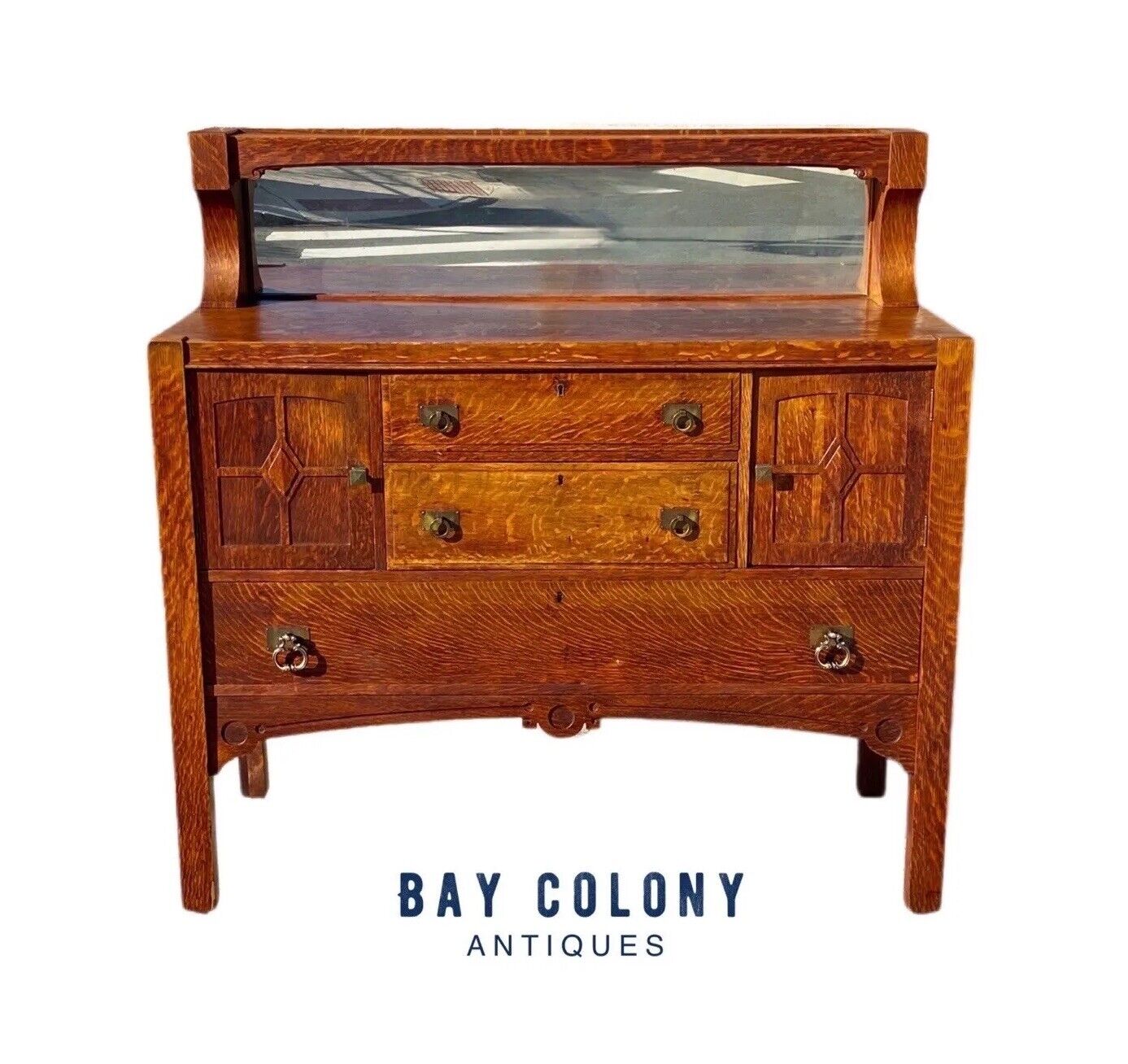 Antique Arts & Crafts Mission Oak Sideboard Buffet With Mirrored Gallery