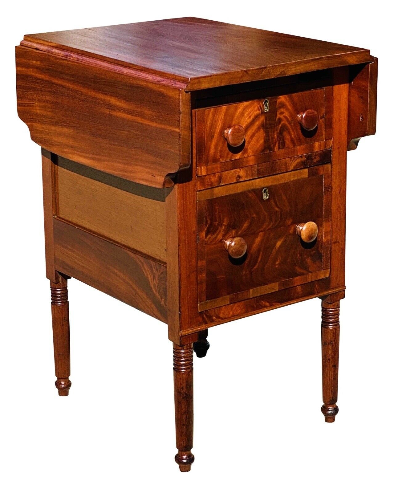 19TH C ANTIQUE SHERATON MAHOGANY MID ATLANTIC DROP LEAF WORK TABLE / NIGHTSTAND