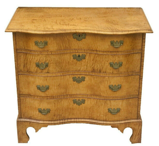 19TH C TIGER MAPLE CHIPPENDALE SERPENTINE ANTIQUE DRESSER / BACHELORS CHEST