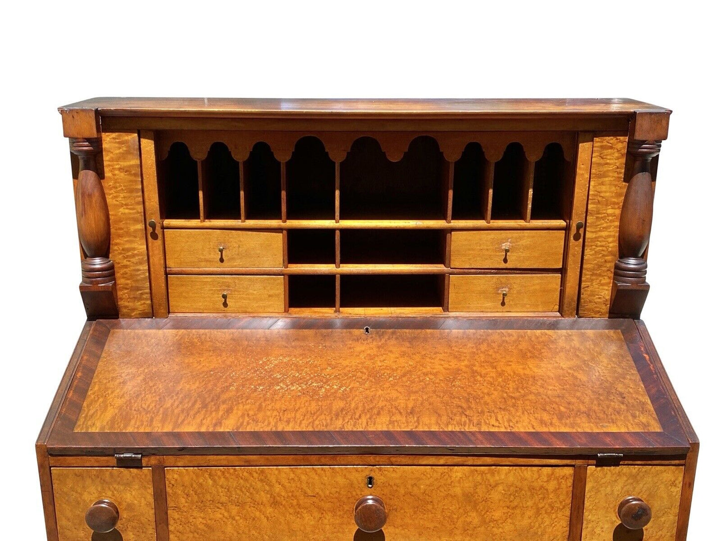 Antique Sheraton Birds Eye Maple & Cherry Vermont Tambour Secretary Desk
