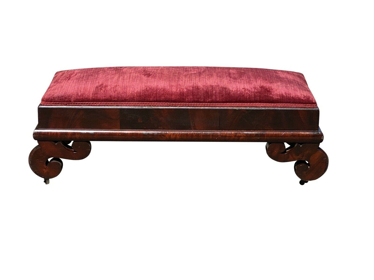 19th C Antique American Empire Mahogany Vanity Bench W/ Red Velvet Seat