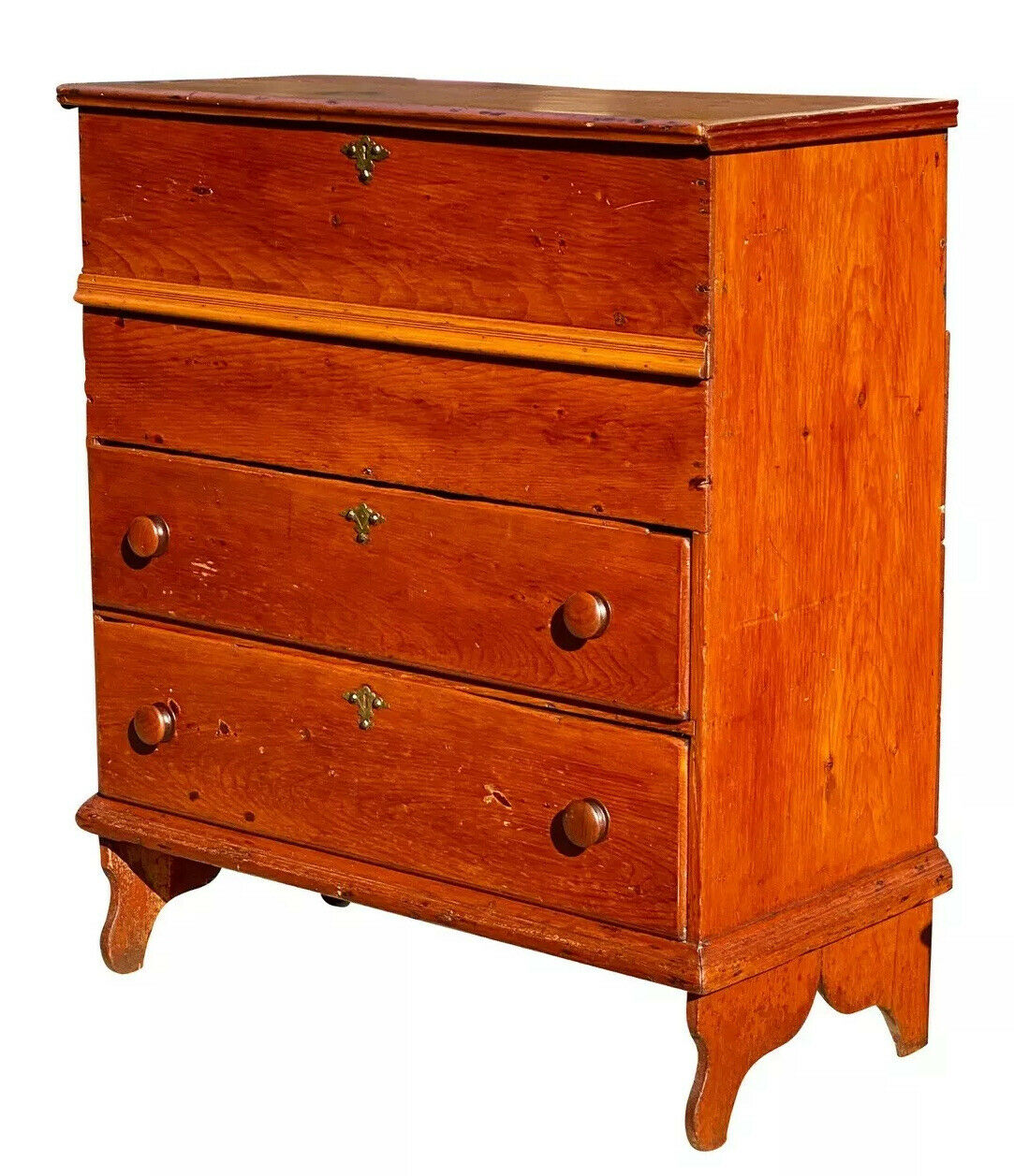 18th C Antique Queen Anne Country Primitive Blanket Box / Chest W Boot Jack Ends