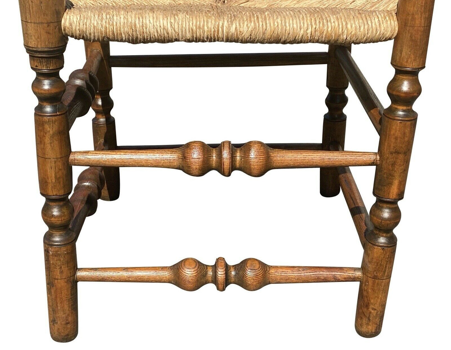 18TH C ANTIQUE QUEEN ANNE TIGER MAPLE ROUNDABOUT / CORNER CHAIR W/ RUSH SEAT