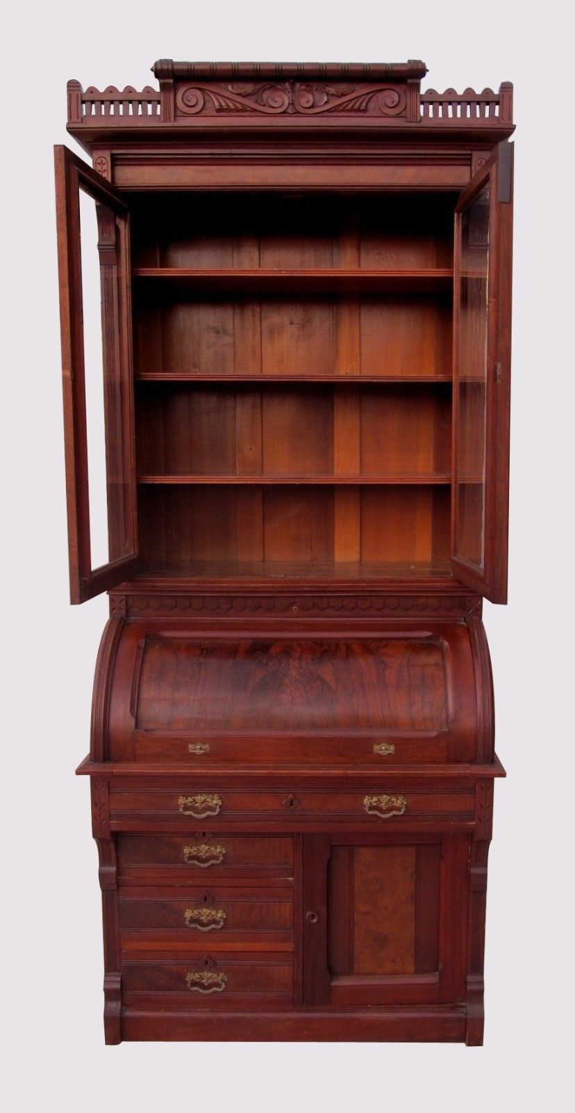 EXCELLENT VICTORIAN BLACK WALNUT CYLINDER ROLL TOP SECRETARY DESK