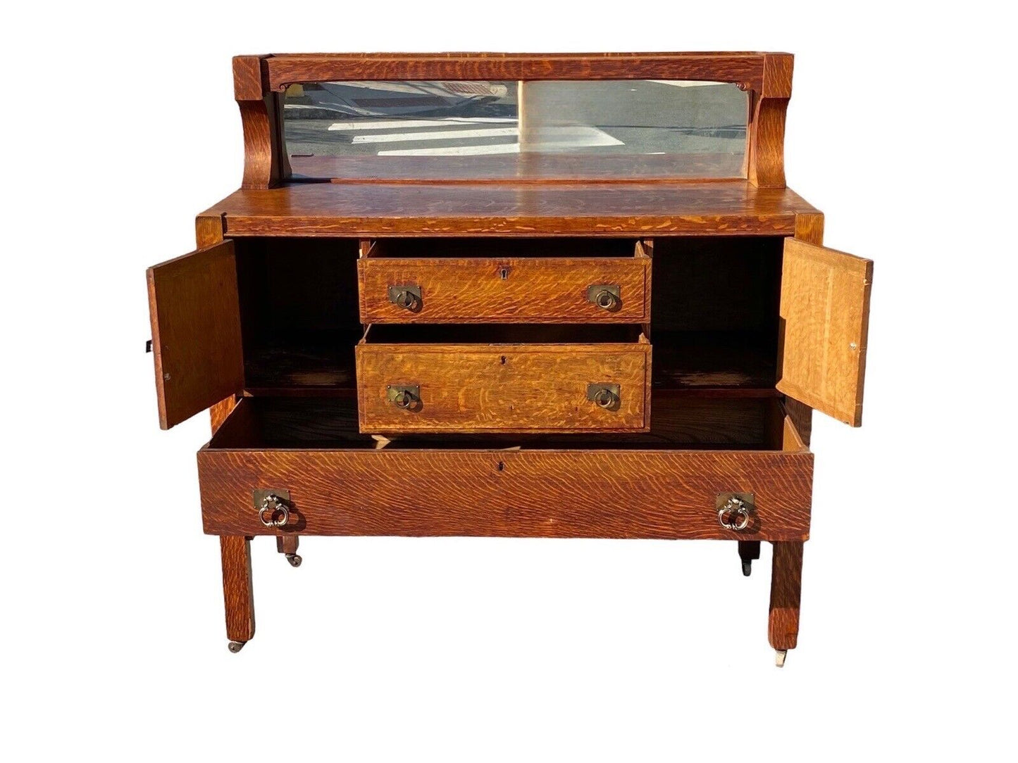 Antique Arts & Crafts Mission Oak Sideboard Buffet With Mirrored Gallery