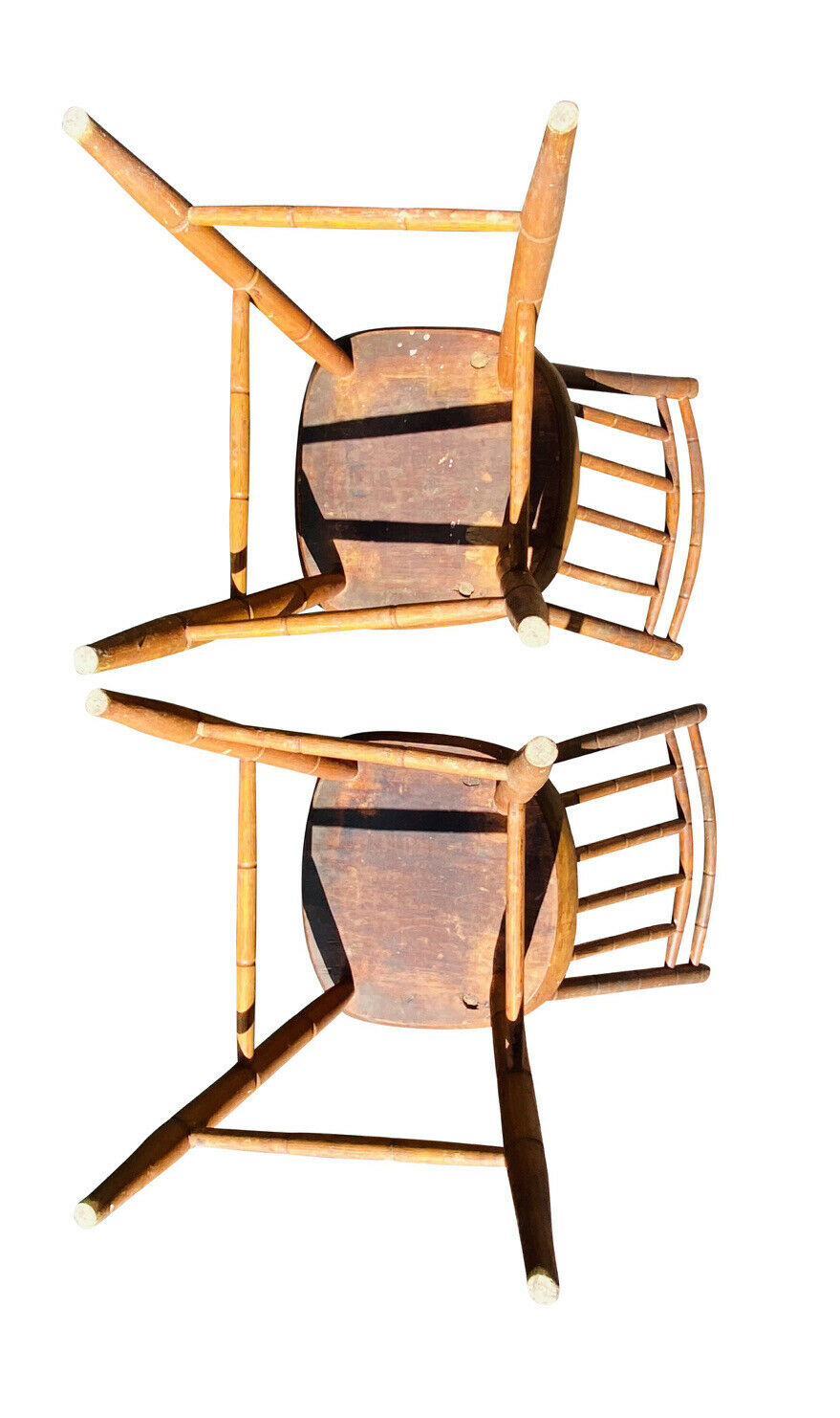 19TH C ANTIQUE SET OF 4 COUNTRY PRIMITIVE BAMBOO CARVED BIRD CAGE WINDSOR CHAIRS
