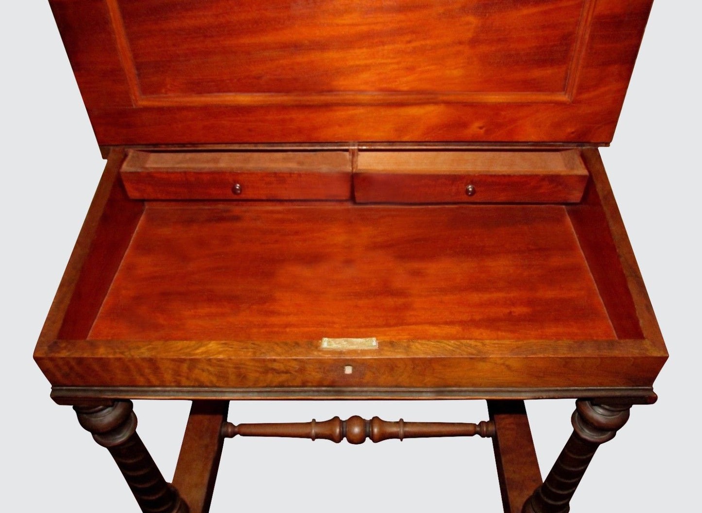 VICTORIAN BURLED WALNUT LADIES DESK W/ SHORT SECRETARY & PIERCED GALLERY