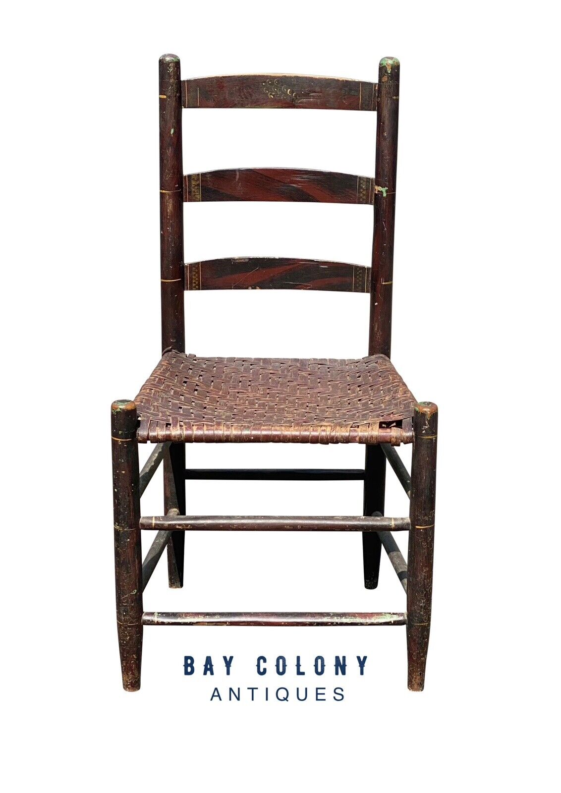 Antique New England Sheraton Black & Red Fancy Paint Chair With Splint Seat
