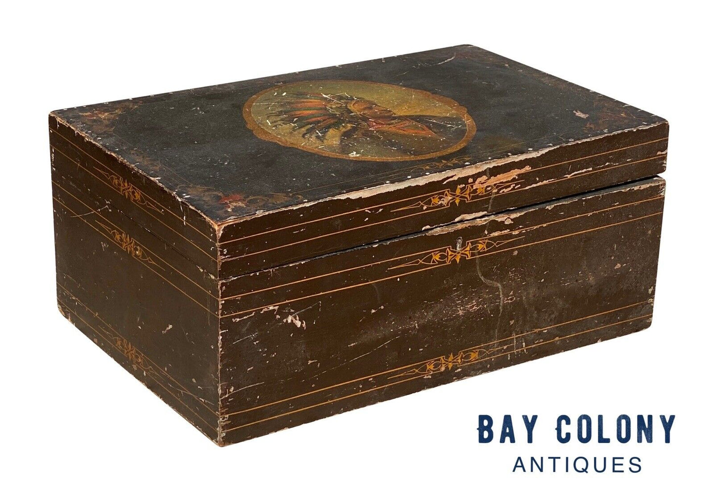 19th C Antique Folk Art Painted Document Box Depicting Native American War Chief