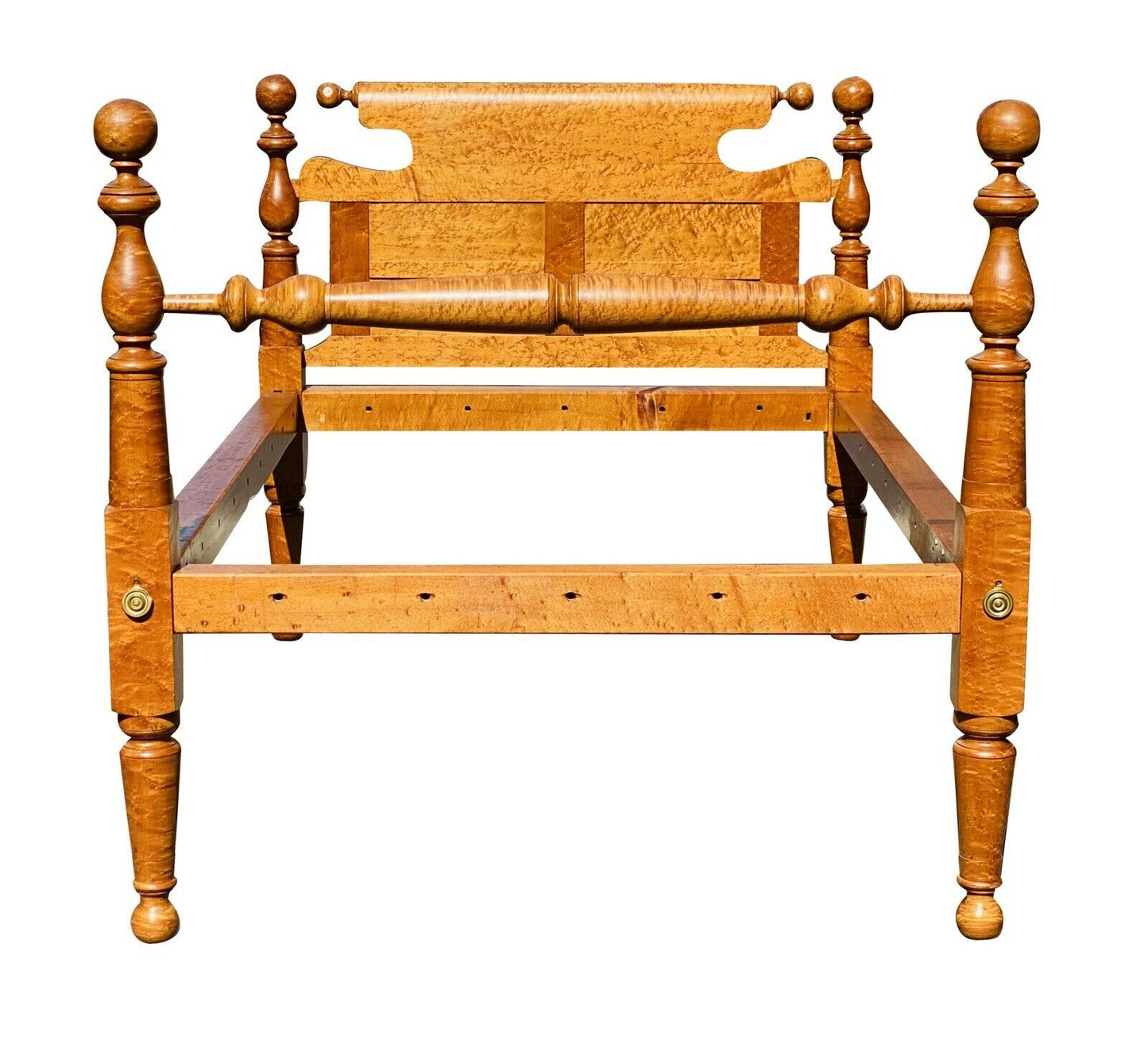 19th C Antique Federal Period Birds Eye Maple Cannonball Bed - Rope Bed