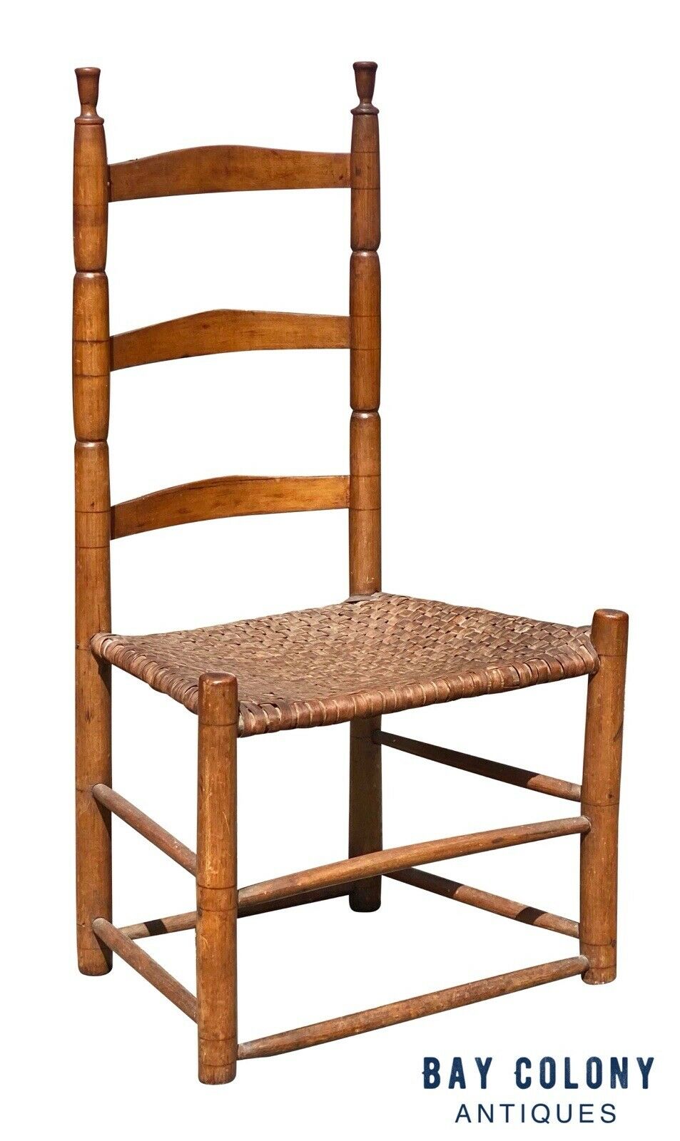18th C Antique Queen Anne Maple & Ash Ladderback Chair W/ Splint Seat